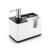 SoapMate soap dispenser with utensil holder on kitchen sink | 2-in-1 soap dispenser and sponge storage organizer | SoapMate with scrub brush and sponge neatly stored | Kitchen sink organizer with built-in soap pump | Durable soap dispenser with cleaning tool holder | Compact kitchen soap dispenser and brush caddy | SoapMate keeping sink area tidy and organized | Non-slip base soap dispenser with utensil storage

