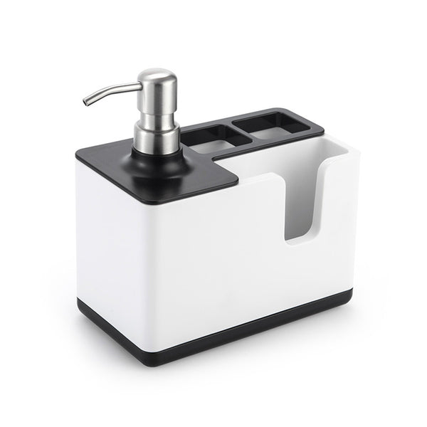 SoapMate soap dispenser with utensil holder on kitchen sink | 2-in-1 soap dispenser and sponge storage organizer | SoapMate with scrub brush and sponge neatly stored | Kitchen sink organizer with built-in soap pump | Durable soap dispenser with cleaning tool holder | Compact kitchen soap dispenser and brush caddy | SoapMate keeping sink area tidy and organized | Non-slip base soap dispenser with utensil storage


