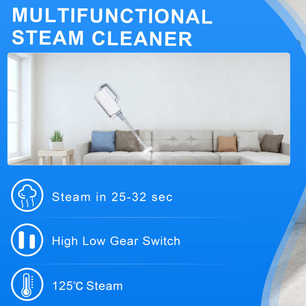 SteamMate electric steam mop cleaning tile floor | 2-in-1 steam mop and handheld cleaner in use | SteamMate removing stains from hardwood flooring | Multifunctional steam mop with detachable handheld unit | High-temperature steam mop sanitizing kitchen floor | Lightweight electric mop gliding across laminate floor | Handheld steam cleaner attachment disinfecting surface | SteamMate with removable water tank for easy refills | Compact steam mop standing upright on bathroom tiles | Chemical-free steam mop cle