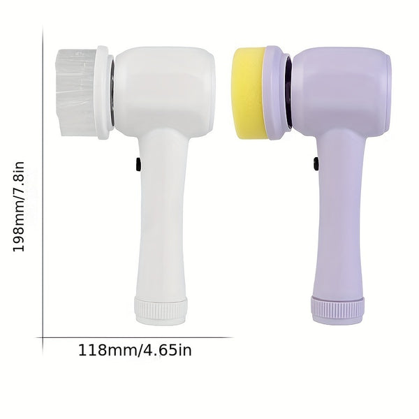 BrushBlitz electric brush cleaning bathroom sink | 5-in-1 rotary scrubber with interchangeable heads | Cordless electric cleaner used on kitchen counter | BrushBlitz removing grime from shower tiles | Electric rotary brush scrubbing window glass | Multifunctional cleaner with ergonomic handle | BrushBlitz brush set with five cleaning attachments | Handheld power scrubber cleaning grout lines | Rechargeable cleaning brush in wet bathroom area | Compact BrushBlitz cleaner tackling tough stains

