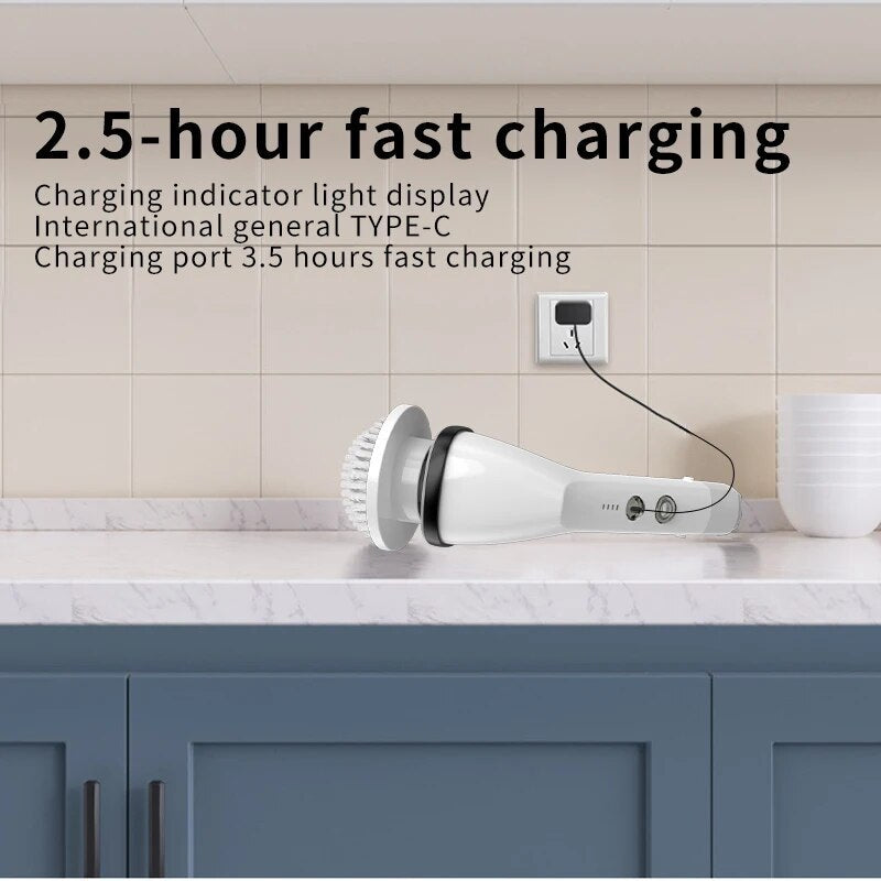 CleanNova electric cleaning brush with multiple heads | Cordless scrub brush cleaning bathroom tiles | 7-in-1 electric brush with adjustable handle | CleanNova used on kitchen sink surface | Multifunctional cleaning brush set with attachments | Rechargeable scrubber cleaning fish tank glass | Electric cleaning brush reaching under bathtub | Compact brush tool with spinning head in use | CleanNova scrubbing soap scum off shower walls | Wireless cleaning brush on tile and grout