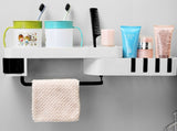 ShelfMate bathroom shelf mounted on tiled wall | Multifunctional shelf holding shampoo and soap | Waterproof bathroom organizer with hooks | ShelfMate above sink with toiletries arranged | Modern rust-resistant bathroom storage shelf | Compact shelf for small bathroom essentials | Wall-mounted shelf with toothbrush holder | Minimalist ShelfMate rack in bathroom setting | Adhesive bathroom shelf with built-in hooks | ShelfMate organizing toiletries in modern bathroom

