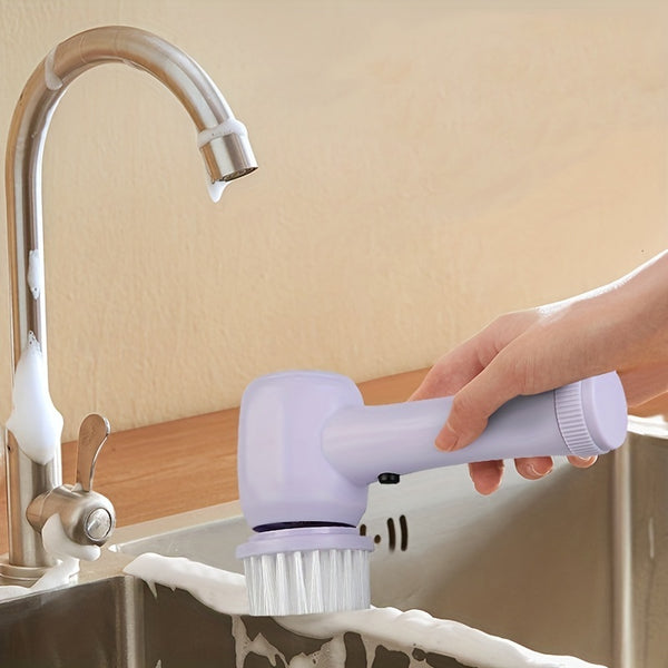 BrushBlitz electric brush cleaning bathroom sink | 5-in-1 rotary scrubber with interchangeable heads | Cordless electric cleaner used on kitchen counter | BrushBlitz removing grime from shower tiles | Electric rotary brush scrubbing window glass | Multifunctional cleaner with ergonomic handle | BrushBlitz brush set with five cleaning attachments | Handheld power scrubber cleaning grout lines | Rechargeable cleaning brush in wet bathroom area | Compact BrushBlitz cleaner tackling tough stains

