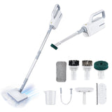 SteamMate electric steam mop cleaning tile floor | 2-in-1 steam mop and handheld cleaner in use | SteamMate removing stains from hardwood flooring | Multifunctional steam mop with detachable handheld unit | High-temperature steam mop sanitizing kitchen floor | Lightweight electric mop gliding across laminate floor | Handheld steam cleaner attachment disinfecting surface | SteamMate with removable water tank for easy refills | Compact steam mop standing upright on bathroom tiles | Chemical-free steam mop cle