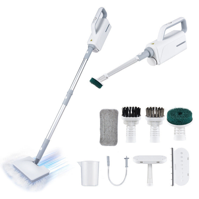 SteamMate electric steam mop cleaning tile floor | 2-in-1 steam mop and handheld cleaner in use | SteamMate removing stains from hardwood flooring | Multifunctional steam mop with detachable handheld unit | High-temperature steam mop sanitizing kitchen floor | Lightweight electric mop gliding across laminate floor | Handheld steam cleaner attachment disinfecting surface | SteamMate with removable water tank for easy refills | Compact steam mop standing upright on bathroom tiles | Chemical-free steam mop cle