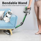 CleanBend cordless vacuum cleaning under sofa | Handheld vacuum with foldable tube in use | Wireless vacuum reaching tight corners | CleanBend vacuum picking up dust from hardwood floor | Portable vacuum cleaner on carpeted stairs | CleanBend used for car interior cleaning | Foldable tube vacuum cleaning under bed | Rechargeable vacuum cleaner with ergonomic handle | Compact handheld vacuum for home and car | CleanBend vacuum with flexible wand and strong suction