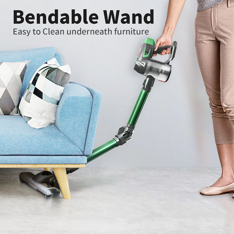CleanBend cordless vacuum cleaning under sofa | Handheld vacuum with foldable tube in use | Wireless vacuum reaching tight corners | CleanBend vacuum picking up dust from hardwood floor | Portable vacuum cleaner on carpeted stairs | CleanBend used for car interior cleaning | Foldable tube vacuum cleaning under bed | Rechargeable vacuum cleaner with ergonomic handle | Compact handheld vacuum for home and car | CleanBend vacuum with flexible wand and strong suction