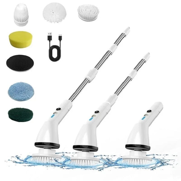 CleanNova electric cleaning brush with multiple heads | Cordless scrub brush cleaning bathroom tiles | 7-in-1 electric brush with adjustable handle | CleanNova used on kitchen sink surface | Multifunctional cleaning brush set with attachments | Rechargeable scrubber cleaning fish tank glass | Electric cleaning brush reaching under bathtub | Compact brush tool with spinning head in use | CleanNova scrubbing soap scum off shower walls | Wireless cleaning brush on tile and grout