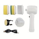 BrushBlitz electric brush cleaning bathroom sink | 5-in-1 rotary scrubber with interchangeable heads | Cordless electric cleaner used on kitchen counter | BrushBlitz removing grime from shower tiles | Electric rotary brush scrubbing window glass | Multifunctional cleaner with ergonomic handle | BrushBlitz brush set with five cleaning attachments | Handheld power scrubber cleaning grout lines | Rechargeable cleaning brush in wet bathroom area | Compact BrushBlitz cleaner tackling tough stains

