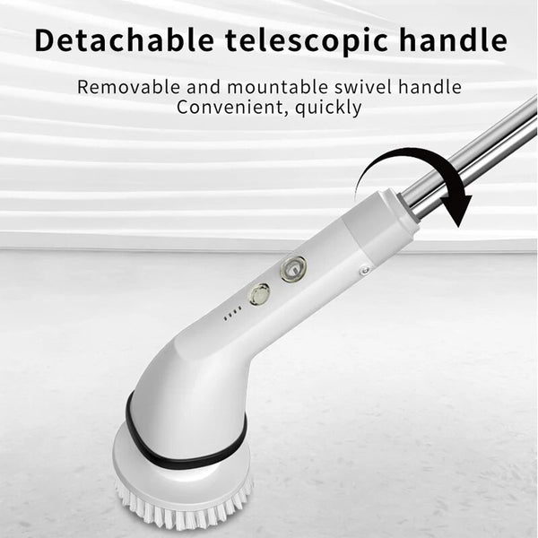 CleanNova electric cleaning brush with multiple heads | Cordless scrub brush cleaning bathroom tiles | 7-in-1 electric brush with adjustable handle | CleanNova used on kitchen sink surface | Multifunctional cleaning brush set with attachments | Rechargeable scrubber cleaning fish tank glass | Electric cleaning brush reaching under bathtub | Compact brush tool with spinning head in use | CleanNova scrubbing soap scum off shower walls | Wireless cleaning brush on tile and grout
