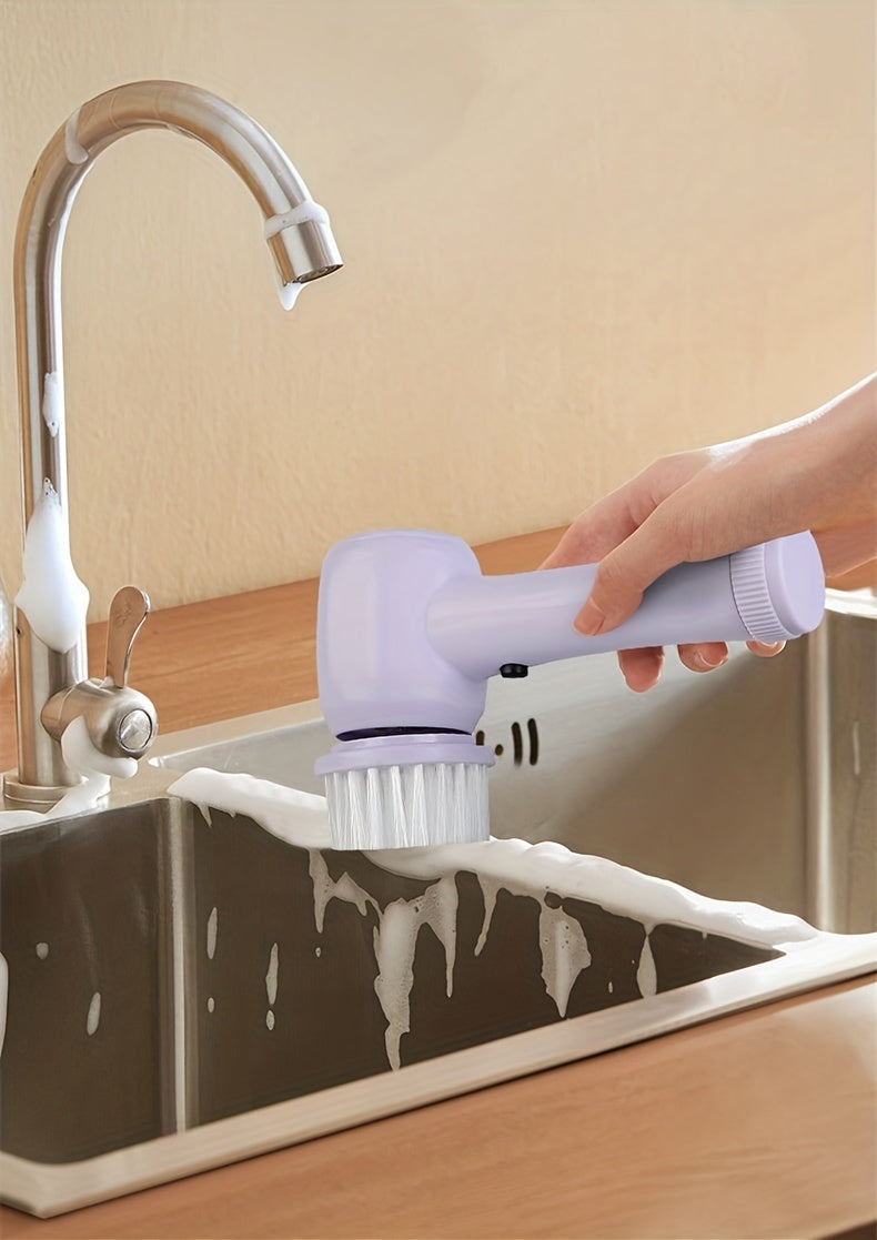 BrushBlitz electric brush cleaning bathroom sink | 5-in-1 rotary scrubber with interchangeable heads | Cordless electric cleaner used on kitchen counter | BrushBlitz removing grime from shower tiles | Electric rotary brush scrubbing window glass | Multifunctional cleaner with ergonomic handle | BrushBlitz brush set with five cleaning attachments | Handheld power scrubber cleaning grout lines | Rechargeable cleaning brush in wet bathroom area | Compact BrushBlitz cleaner tackling tough stains

