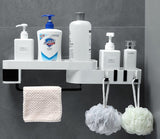 ShelfMate bathroom shelf mounted on tiled wall | Multifunctional shelf holding shampoo and soap | Waterproof bathroom organizer with hooks | ShelfMate above sink with toiletries arranged | Modern rust-resistant bathroom storage shelf | Compact shelf for small bathroom essentials | Wall-mounted shelf with toothbrush holder | Minimalist ShelfMate rack in bathroom setting | Adhesive bathroom shelf with built-in hooks | ShelfMate organizing toiletries in modern bathroom

