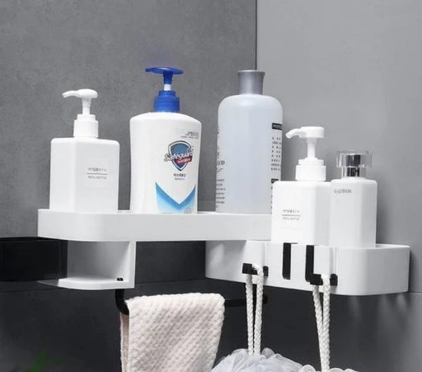 ShelfMate bathroom shelf mounted on tiled wall | Multifunctional shelf holding shampoo and soap | Waterproof bathroom organizer with hooks | ShelfMate above sink with toiletries arranged | Modern rust-resistant bathroom storage shelf | Compact shelf for small bathroom essentials | Wall-mounted shelf with toothbrush holder | Minimalist ShelfMate rack in bathroom setting | Adhesive bathroom shelf with built-in hooks | ShelfMate organizing toiletries in modern bathroom

