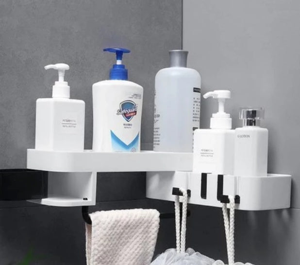ShelfMate bathroom shelf mounted on tiled wall | Multifunctional shelf holding shampoo and soap | Waterproof bathroom organizer with hooks | ShelfMate above sink with toiletries arranged | Modern rust-resistant bathroom storage shelf | Compact shelf for small bathroom essentials | Wall-mounted shelf with toothbrush holder | Minimalist ShelfMate rack in bathroom setting | Adhesive bathroom shelf with built-in hooks | ShelfMate organizing toiletries in modern bathroom

