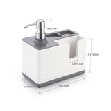 SoapMate soap dispenser with utensil holder on kitchen sink | 2-in-1 soap dispenser and sponge storage organizer | SoapMate with scrub brush and sponge neatly stored | Kitchen sink organizer with built-in soap pump | Durable soap dispenser with cleaning tool holder | Compact kitchen soap dispenser and brush caddy | SoapMate keeping sink area tidy and organized | Non-slip base soap dispenser with utensil storage

