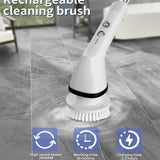 CleanNova electric cleaning brush with multiple heads | Cordless scrub brush cleaning bathroom tiles | 7-in-1 electric brush with adjustable handle | CleanNova used on kitchen sink surface | Multifunctional cleaning brush set with attachments | Rechargeable scrubber cleaning fish tank glass | Electric cleaning brush reaching under bathtub | Compact brush tool with spinning head in use | CleanNova scrubbing soap scum off shower walls | Wireless cleaning brush on tile and grout