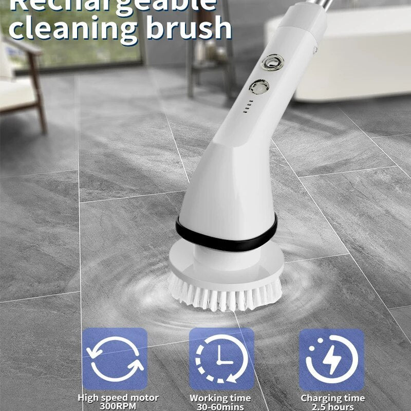 CleanNova electric cleaning brush with multiple heads | Cordless scrub brush cleaning bathroom tiles | 7-in-1 electric brush with adjustable handle | CleanNova used on kitchen sink surface | Multifunctional cleaning brush set with attachments | Rechargeable scrubber cleaning fish tank glass | Electric cleaning brush reaching under bathtub | Compact brush tool with spinning head in use | CleanNova scrubbing soap scum off shower walls | Wireless cleaning brush on tile and grout