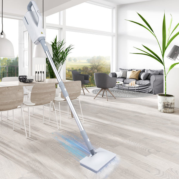 SteamMate electric steam mop cleaning tile floor | 2-in-1 steam mop and handheld cleaner in use | SteamMate removing stains from hardwood flooring | Multifunctional steam mop with detachable handheld unit | High-temperature steam mop sanitizing kitchen floor | Lightweight electric mop gliding across laminate floor | Handheld steam cleaner attachment disinfecting surface | SteamMate with removable water tank for easy refills | Compact steam mop standing upright on bathroom tiles | Chemical-free steam mop cle